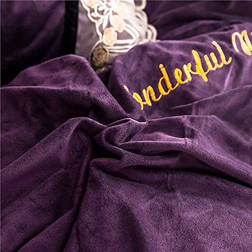FTFTO Bedding Sets Double Size Winter Double Duvet Cover Set 4 Pcs Bedding Set Double Bed Soft Warm Flannel Thick Quilt Cover Sets Flat Sheet (Purple King)