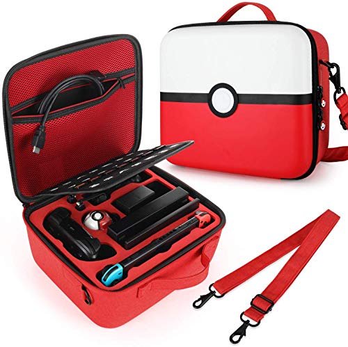 Funda de Transporte para Switch & Switch OLED, Pokémon Pokeball Diseño, Case Rígida de Protector Estuche de Almacenamiento para Switch Console y Accesorios (Rojo & Blanco)