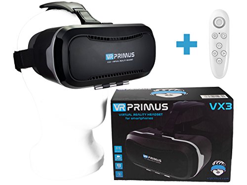 Gafas VR VR-PRIMUS VX3 + Mando | para Smartphone 's p.ej. iPhone,Samsung Galaxy,HTC,Sony,LG,Huawei | Google Cardboard QR,Botón de Control,Augmented Reality | VR Box,Glasses,Shinecon,Controlador