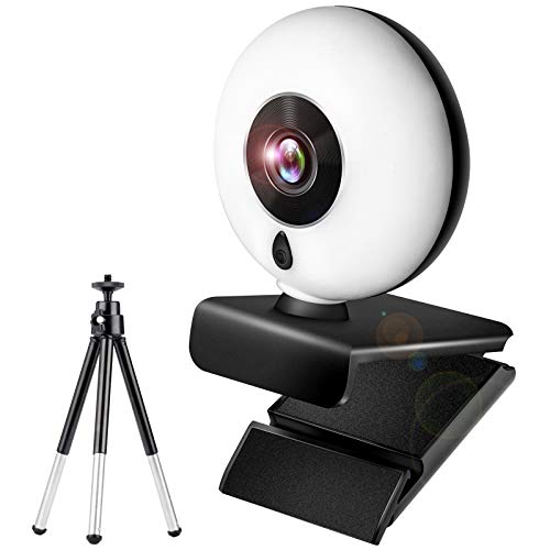 Gahwa Webcam con Microfono para PC 1080P Full HD Estéreo y Luz Anular, USB Cámara Web para Streaming con Tripode y Tapa Webcam Compatible con Windows/Mac OS X/Android/Youtube/Skype/Zoom/PS4/Xbox