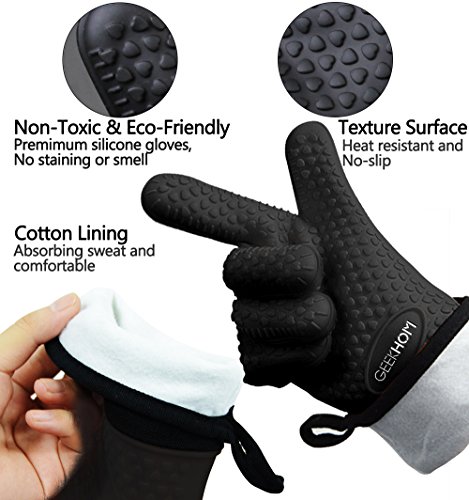 GEEKHOM Guantes Cocina,Guantes Horno,Manoplas para Barbacoa Asado BBQ, Resistentes al Calor hasta 230℃ con Silicona Antideslizantes Impermeable,12.9cm Largo para Proteger El Antebrazo -Negro, 1 Par