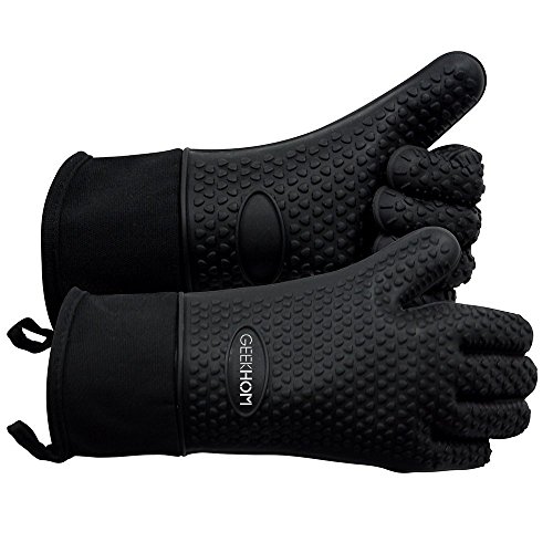 GEEKHOM Guantes Cocina,Guantes Horno,Manoplas para Barbacoa Asado BBQ, Resistentes al Calor hasta 230℃ con Silicona Antideslizantes Impermeable,12.9cm Largo para Proteger El Antebrazo -Negro, 1 Par