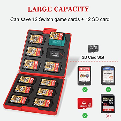 Genrics Funda de Juegos Compatible con Nintendo Switch con 12 Ranuras para Almacenamiento de Tarjetas de Juego y 12 Ranuras para Tarjetas SD, Estuche para Nintendo Switch Lite NS (Rojo M)