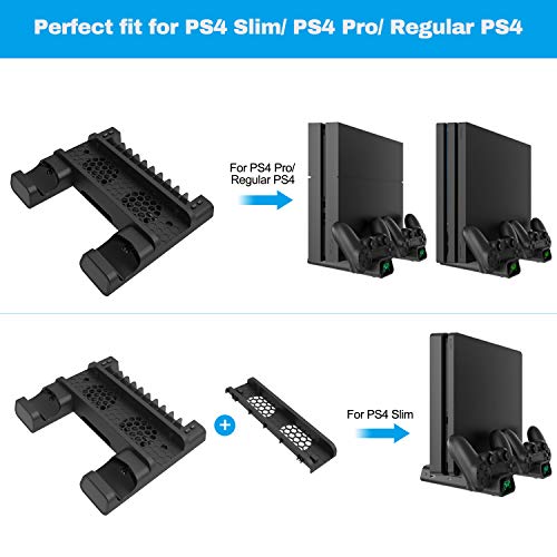 Gifort Soporte Vertical con Ventilador de Refrigeración para PS4/PS4 Pro/PS4 Slim, Base PS4 con 2 Ventiladores Refrigeración, Cargador Controlador PS4 y 10pcs Almacenamiento de Discos