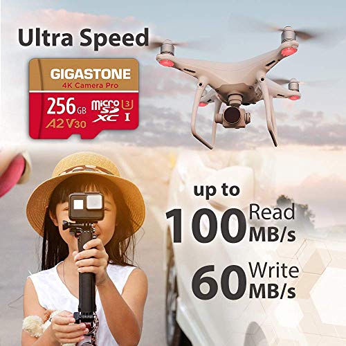 Gigastone Tarjeta Micro SD 256GB, Grabación de 4K Video para GoPro, Cámara de Acción, dji, Drone, Nintendo-Switch, 100/60MB/s Lec/Esc, UHS-I U3 A2 V30 C10, con Adaptador