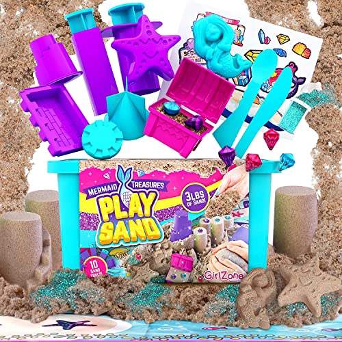 GirlZone Regalos para Niñas Kit de Arena Mágica de Sirena para Jugar- Play Sand Kit Arena Cinética infantil Regalo de Cumpleaños Set de Sirena de Arena Incluye Alfombrilla y Pegatinas de Sirena