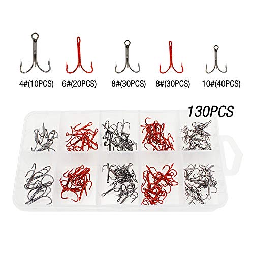 Gobesty Anzuelo de Pesca de Acero de Alto Carbono, 130 Piezas Anzuelo Triple de púas, Anzuelos triples de Pesca de mar con Caja de Gancho, Anzuelo Triple para Pesca Ligera