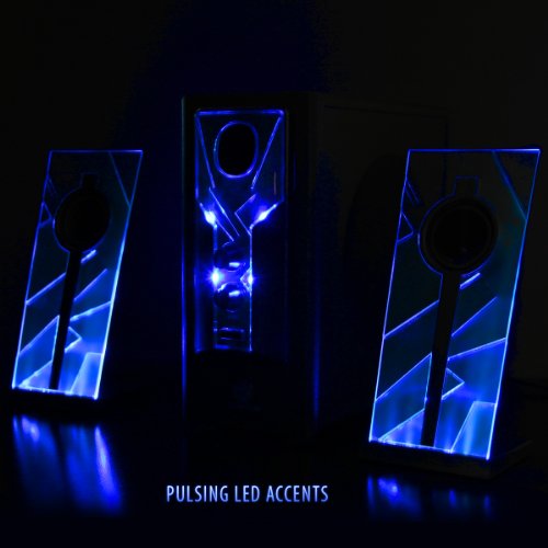 GOgroove BassPULSE 2.1 Altavoces PC Gaming con Luces LED y Subwoofer Activo - Sistema de Altavoces para Juegos en Computadoras de Escritorio, Portátiles, PC 40 Vatios, Graves Pesados - Azul