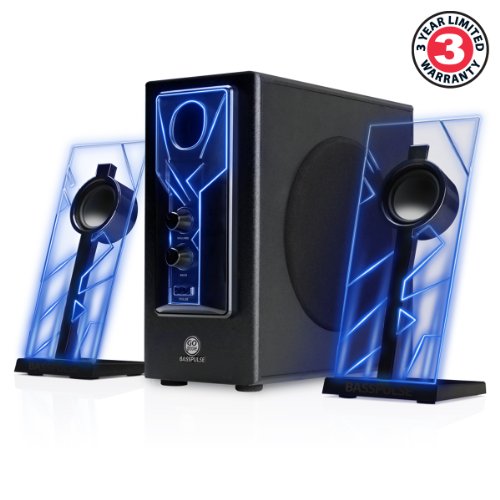 GOgroove BassPULSE 2.1 Altavoces PC Gaming con Luces LED y Subwoofer Activo - Sistema de Altavoces para Juegos en Computadoras de Escritorio, Portátiles, PC 40 Vatios, Graves Pesados - Azul