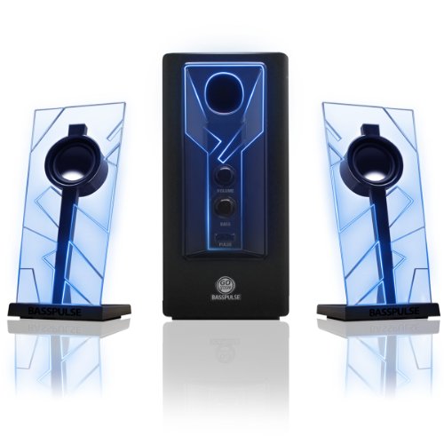 GOgroove BassPULSE 2.1 Altavoces PC Gaming con Luces LED y Subwoofer Activo - Sistema de Altavoces para Juegos en Computadoras de Escritorio, Portátiles, PC 40 Vatios, Graves Pesados - Azul