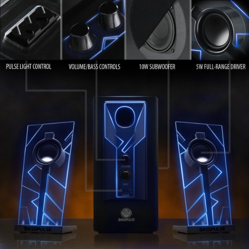 GOgroove BassPULSE 2.1 Altavoces PC Gaming con Luces LED y Subwoofer Activo - Sistema de Altavoces para Juegos en Computadoras de Escritorio, Portátiles, PC 40 Vatios, Graves Pesados - Azul