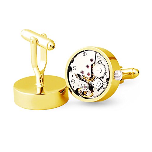 (Gold) - Honey Bear Mens Vintage Watch Movement Cufflinks with Gift box-Working, Round