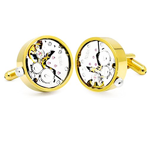 (Gold) - Honey Bear Mens Vintage Watch Movement Cufflinks with Gift box-Working, Round