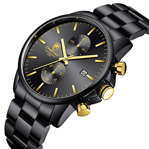 GOLDEN HOUR Reloj de Cuarzo para Hombre de Negocios de Moda con cronógrafo Impermeable de Acero Inoxidable para Hombre, Fecha automática (2-Tone Black/Gold)