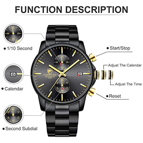 GOLDEN HOUR Reloj de Cuarzo para Hombre de Negocios de Moda con cronógrafo Impermeable de Acero Inoxidable para Hombre, Fecha automática (2-Tone Black/Gold)