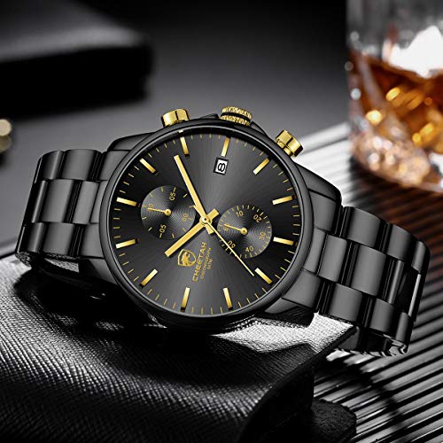 GOLDEN HOUR Reloj de Cuarzo para Hombre de Negocios de Moda con cronógrafo Impermeable de Acero Inoxidable para Hombre, Fecha automática (2-Tone Black/Gold)