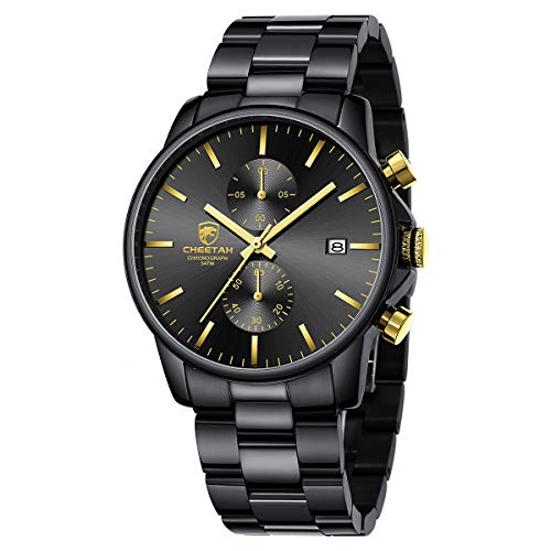 GOLDEN HOUR Reloj de Cuarzo para Hombre de Negocios de Moda con cronógrafo Impermeable de Acero Inoxidable para Hombre, Fecha automática (2-Tone Black/Gold)