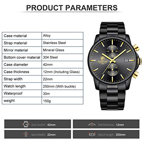 GOLDEN HOUR Reloj de Cuarzo para Hombre de Negocios de Moda con cronógrafo Impermeable de Acero Inoxidable para Hombre, Fecha automática (2-Tone Black/Gold)