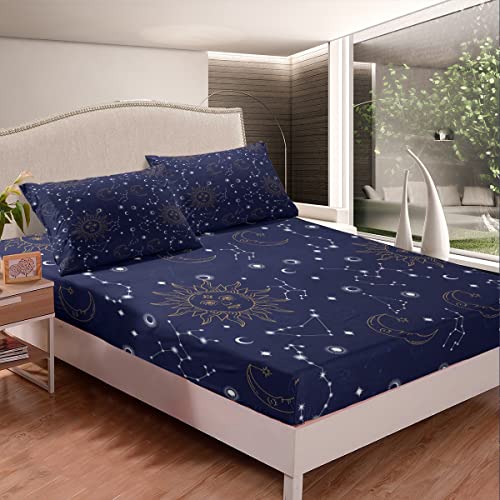 Golden Sun Moon - Juego de sábanas ajustables con diseño de estrellas planetas celestial, bolsillo profundo elástico para habitación de niños, color azul marino