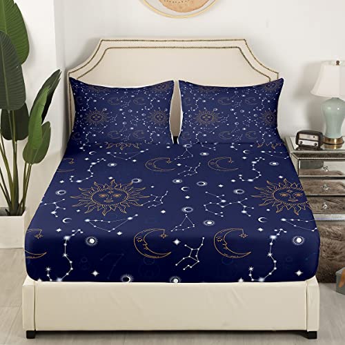 Golden Sun Moon - Juego de sábanas ajustables con diseño de estrellas planetas celestial, bolsillo profundo elástico para habitación de niños, color azul marino