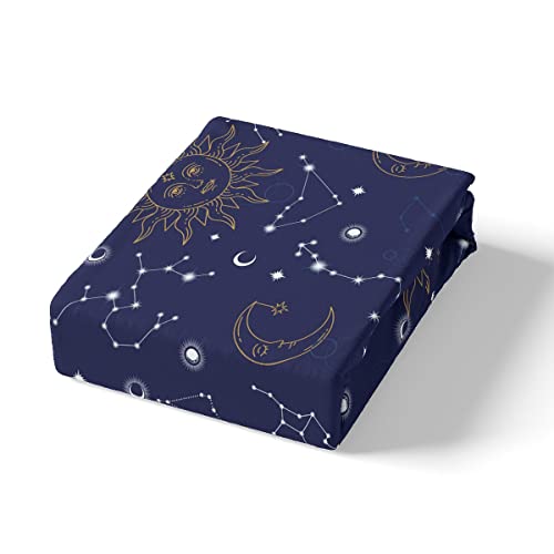 Golden Sun Moon - Juego de sábanas ajustables con diseño de estrellas planetas celestial, bolsillo profundo elástico para habitación de niños, color azul marino