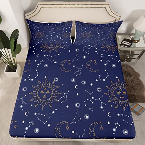 Golden Sun Moon - Juego de sábanas ajustables con diseño de estrellas planetas celestial, bolsillo profundo elástico para habitación de niños, color azul marino