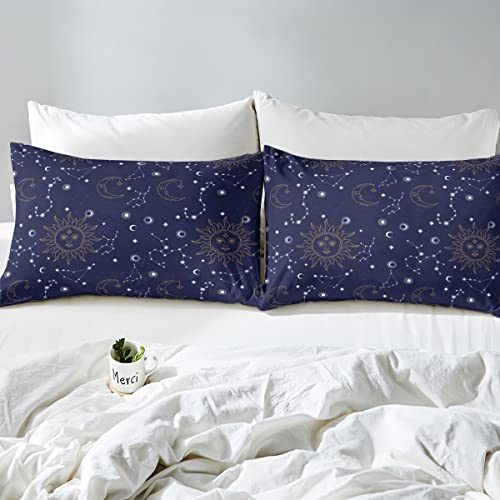 Golden Sun Moon - Juego de sábanas ajustables con diseño de estrellas planetas celestial, bolsillo profundo elástico para habitación de niños, color azul marino