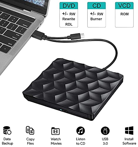 Grabadora DVD CD Externa USB 3.0 y Tipo C, Lector Unidades Externa Portátil Reproductor de Unidad de DVD Óptica Disquetera Externa DVD/CD-RW ROM para Mac OS, Windows, Linux, Laptop, Desktop, PC
