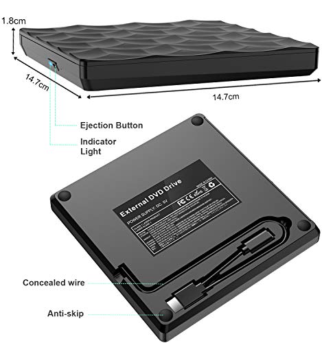 Grabadora DVD CD Externa USB 3.0 y Tipo C, Lector Unidades Externa Portátil Reproductor de Unidad de DVD Óptica Disquetera Externa DVD/CD-RW ROM para Mac OS, Windows, Linux, Laptop, Desktop, PC