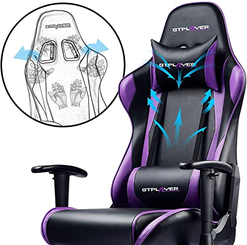 GTPLAYER Silla Gaming Escritorio Oficina Cuero Ordenador Gamer Silla Asiento Engrosado Ergonomica con Cojín Reposabrazos 2D Ajustables Respaldo Reclinable (Negro-Púrpura)