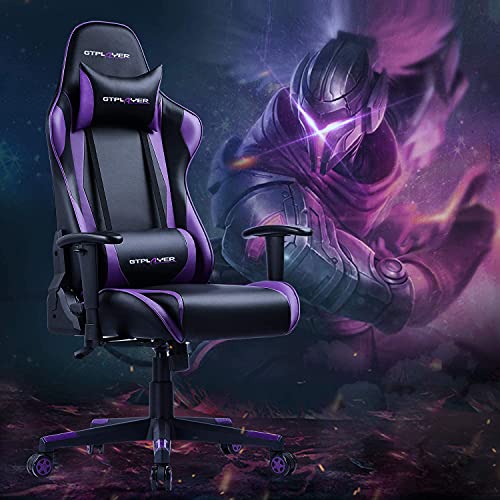 GTPLAYER Silla Gaming Escritorio Oficina Cuero Ordenador Gamer Silla Asiento Engrosado Ergonomica con Cojín Reposabrazos 2D Ajustables Respaldo Reclinable (Negro-Púrpura)