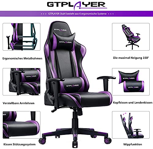 GTPLAYER Silla Gaming Escritorio Oficina Cuero Ordenador Gamer Silla Asiento Engrosado Ergonomica con Cojín Reposabrazos 2D Ajustables Respaldo Reclinable (Negro-Púrpura)