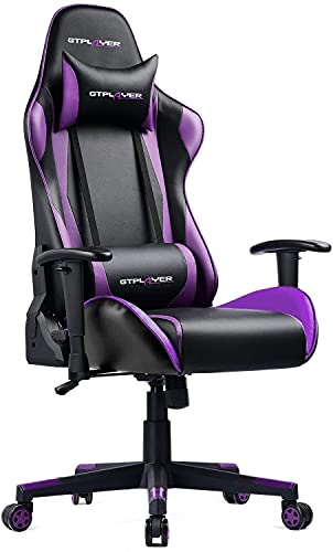 GTPLAYER Silla Gaming Escritorio Oficina Cuero Ordenador Gamer Silla Asiento Engrosado Ergonomica con Cojín Reposabrazos 2D Ajustables Respaldo Reclinable (Negro-Púrpura)