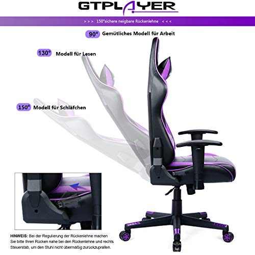 GTPLAYER Silla Gaming Escritorio Oficina Cuero Ordenador Gamer Silla Asiento Engrosado Ergonomica con Cojín Reposabrazos 2D Ajustables Respaldo Reclinable (Negro-Púrpura)
