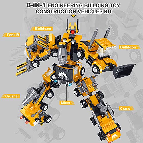 Gxi Juego de juguetes de construcción, 6 en 1 Bloques de Construcción de robot de bricolaje STEM 718 piezas de camiones de ingeniería para niños de 6 7 8 9 10 años
