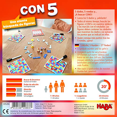 HABA-con 5-ESP 305286-CON5-ESP, Familiar a Partir de 7 años, 2 Opciones de Juego y una Variante en Solitario, también Adecuado para el daltonismo, Multicolor (H305286)
