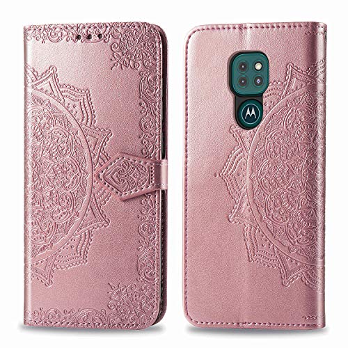 HAOTIAN Funda para Motorola Moto E7 Plus/Moto G9 Play Funda, Suave PU Cuero Flip Carcasa Case Cover, Cubierta Magnética en Relieve de la Mandala, Billetera con Soporte/Tapa Tarjetas. Oro Rosa