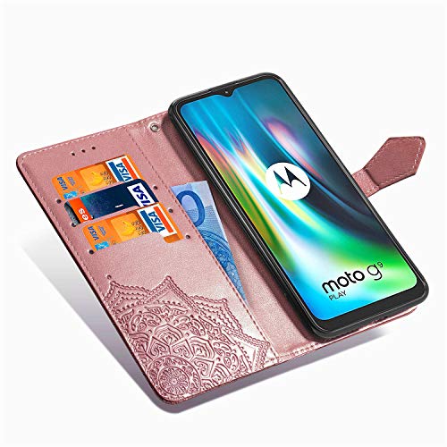 HAOTIAN Funda para Motorola Moto E7 Plus/Moto G9 Play Funda, Suave PU Cuero Flip Carcasa Case Cover, Cubierta Magnética en Relieve de la Mandala, Billetera con Soporte/Tapa Tarjetas. Oro Rosa