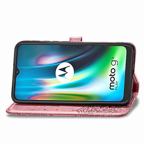 HAOTIAN Funda para Motorola Moto E7 Plus/Moto G9 Play Funda, Suave PU Cuero Flip Carcasa Case Cover, Cubierta Magnética en Relieve de la Mandala, Billetera con Soporte/Tapa Tarjetas. Oro Rosa
