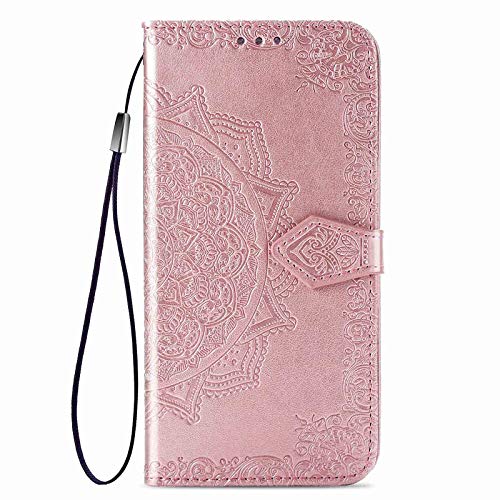 HAOTIAN Funda para Motorola Moto E7 Plus/Moto G9 Play Funda, Suave PU Cuero Flip Carcasa Case Cover, Cubierta Magnética en Relieve de la Mandala, Billetera con Soporte/Tapa Tarjetas. Oro Rosa
