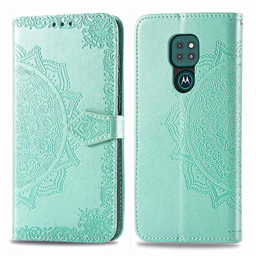 HAOTIAN Funda para Motorola Moto E7 Plus/Moto G9 Play Funda, Suave PU Cuero Flip Carcasa Case Cover, Cubierta Magnética en Relieve de la Mandala, Billetera con Soporte/Tapa Tarjetas. Verde