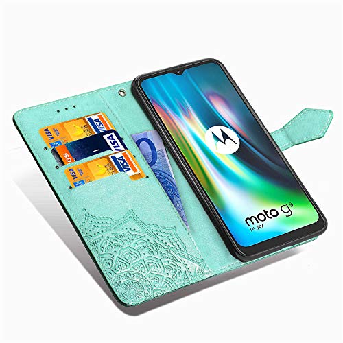 HAOTIAN Funda para Motorola Moto E7 Plus/Moto G9 Play Funda, Suave PU Cuero Flip Carcasa Case Cover, Cubierta Magnética en Relieve de la Mandala, Billetera con Soporte/Tapa Tarjetas. Verde