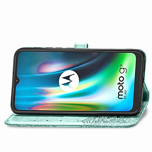 HAOTIAN Funda para Motorola Moto E7 Plus/Moto G9 Play Funda, Suave PU Cuero Flip Carcasa Case Cover, Cubierta Magnética en Relieve de la Mandala, Billetera con Soporte/Tapa Tarjetas. Verde