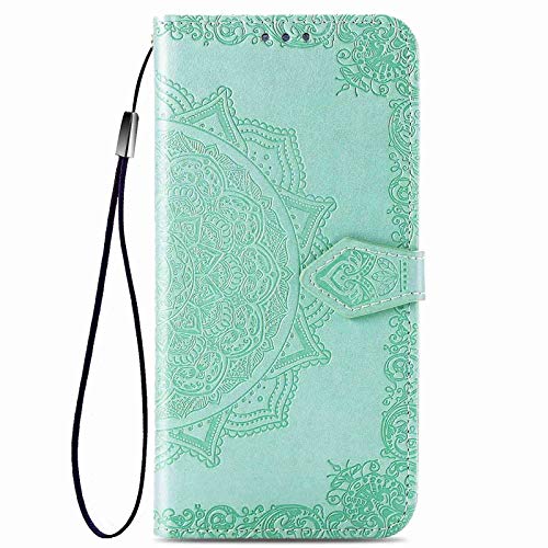 HAOTIAN Funda para Motorola Moto E7 Plus/Moto G9 Play Funda, Suave PU Cuero Flip Carcasa Case Cover, Cubierta Magnética en Relieve de la Mandala, Billetera con Soporte/Tapa Tarjetas. Verde