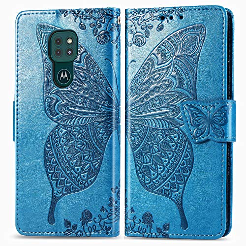 HAOTIAN Funda para Motorola Moto E7 Plus/Moto G9 Play Funda, Suave PU Cuero Flip Carcasa Case Cover, Cubierta Magnética en Relieve de la Mariposa, Billetera con Soporte/Tapa Tarjetas. Azul