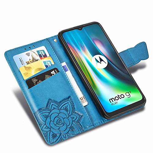 HAOTIAN Funda para Motorola Moto E7 Plus/Moto G9 Play Funda, Suave PU Cuero Flip Carcasa Case Cover, Cubierta Magnética en Relieve de la Mariposa, Billetera con Soporte/Tapa Tarjetas. Azul