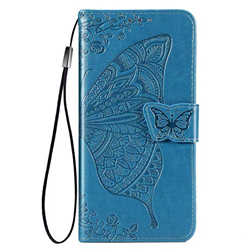 HAOTIAN Funda para Motorola Moto E7 Plus/Moto G9 Play Funda, Suave PU Cuero Flip Carcasa Case Cover, Cubierta Magnética en Relieve de la Mariposa, Billetera con Soporte/Tapa Tarjetas. Azul