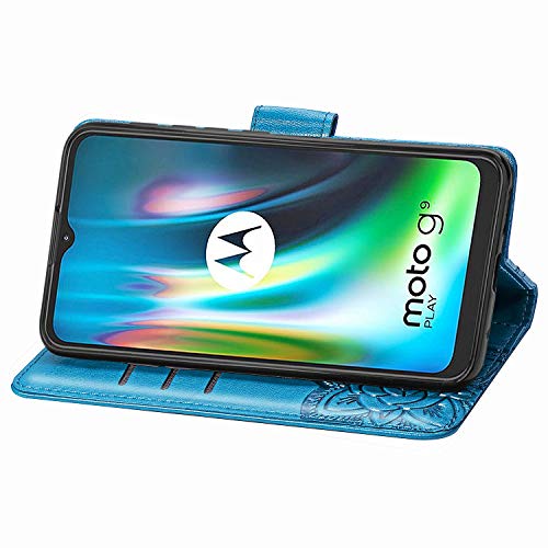HAOTIAN Funda para Motorola Moto E7 Plus/Moto G9 Play Funda, Suave PU Cuero Flip Carcasa Case Cover, Cubierta Magnética en Relieve de la Mariposa, Billetera con Soporte/Tapa Tarjetas. Azul