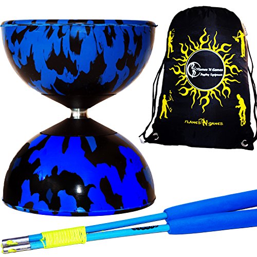 Harlequin Diabolo Pro - Varillas de fibra de diábolo, cordel diábolo y diabolos bolsa de transporte (negro/azul diábolo y fibra de palos a mano)