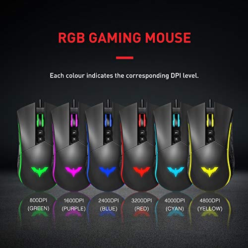 havit Ratón Gaming 7 Botones Mouse Gaming programables Iluminación RGB [800-1600-2400-4800] para Windows7/8/10/Xp/Vista/Linux（MS733）, Negro